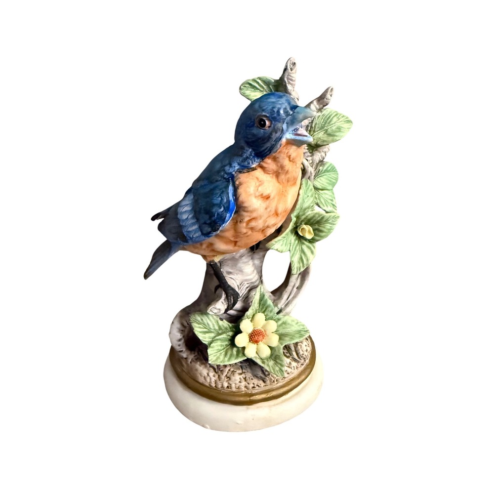 Vintage Porcelain Bluebird Figurine on Branch with Flowers 6 Inch Hand Painted
